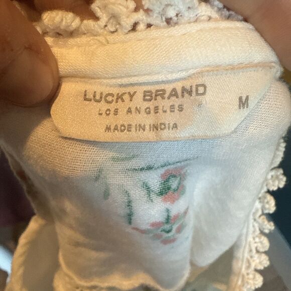 Lucky Brand White Cotton Floral Gauze Top Medium Babydoll Boho Romantic - Picture 6 of 9